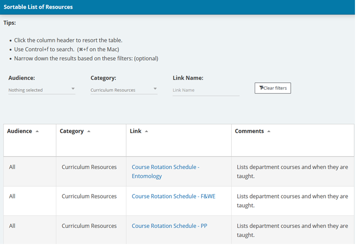 Sortable List of Resources - Course Rotation Filter Example