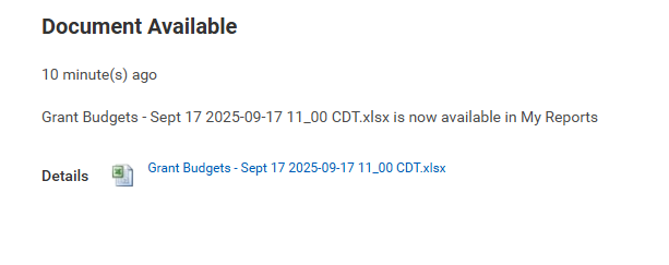 Workday Document Available Notification, showing link to download spreadsheet.