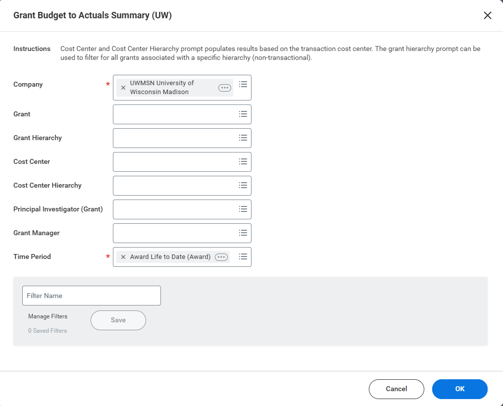 Workday Report Parameters Screen, waiting to be filled in. The Company and Time Period fields are prefilled with UWMSN University of Wisconsin Madison and Award Life to Date (Award).