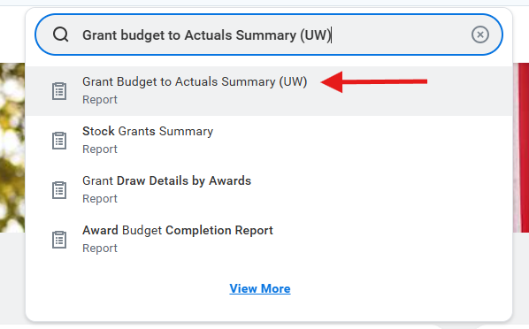 Workday Search bar, with report name and search results below it.